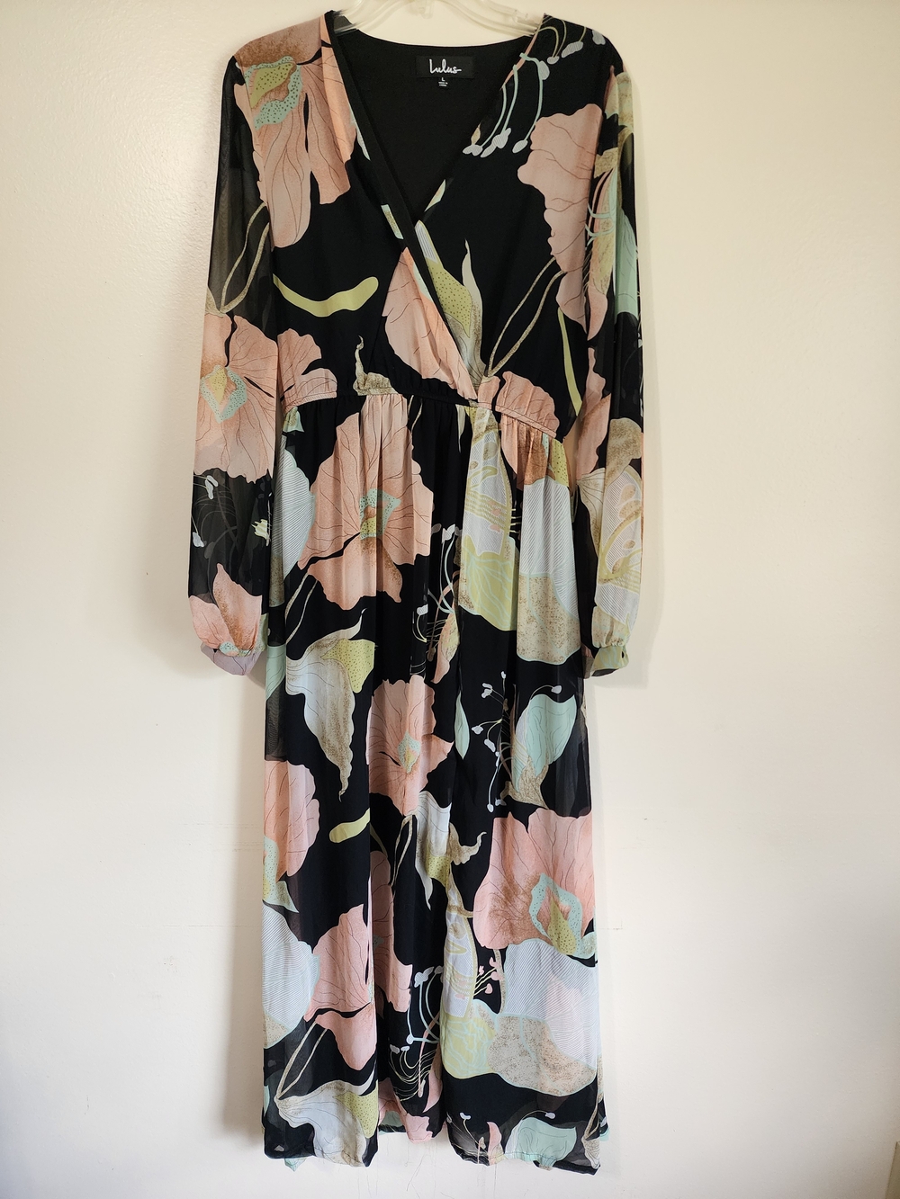 Lulu's Black Floral Wrap Midi Dress - Pink & Mint Accents
